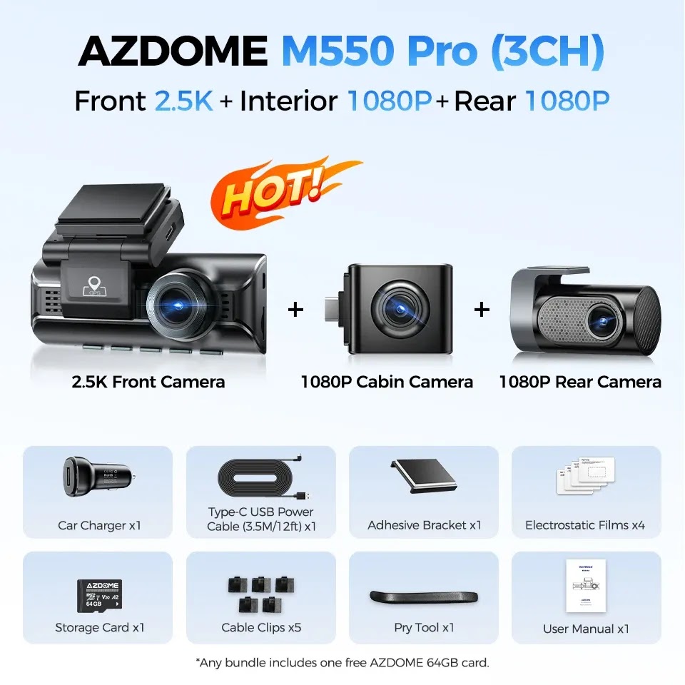 داش كام AZDOME M550 Pro: دقة 4K وتقنية Wi-Fi 5.8Ghz للأداء الأقصى - الرئيسية