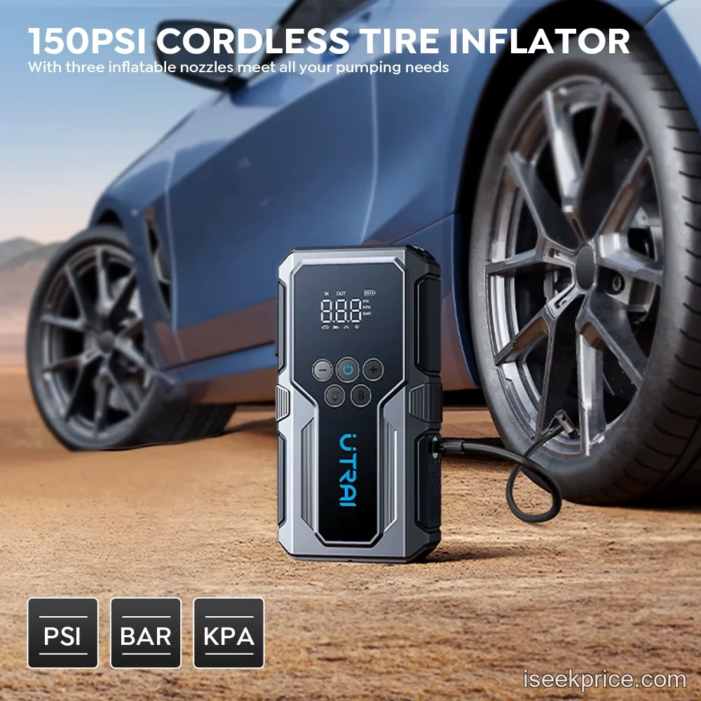 مضخة هواء UTRAI مدمجة بضغط 150PSI لنفخ الإطارات بدقة.