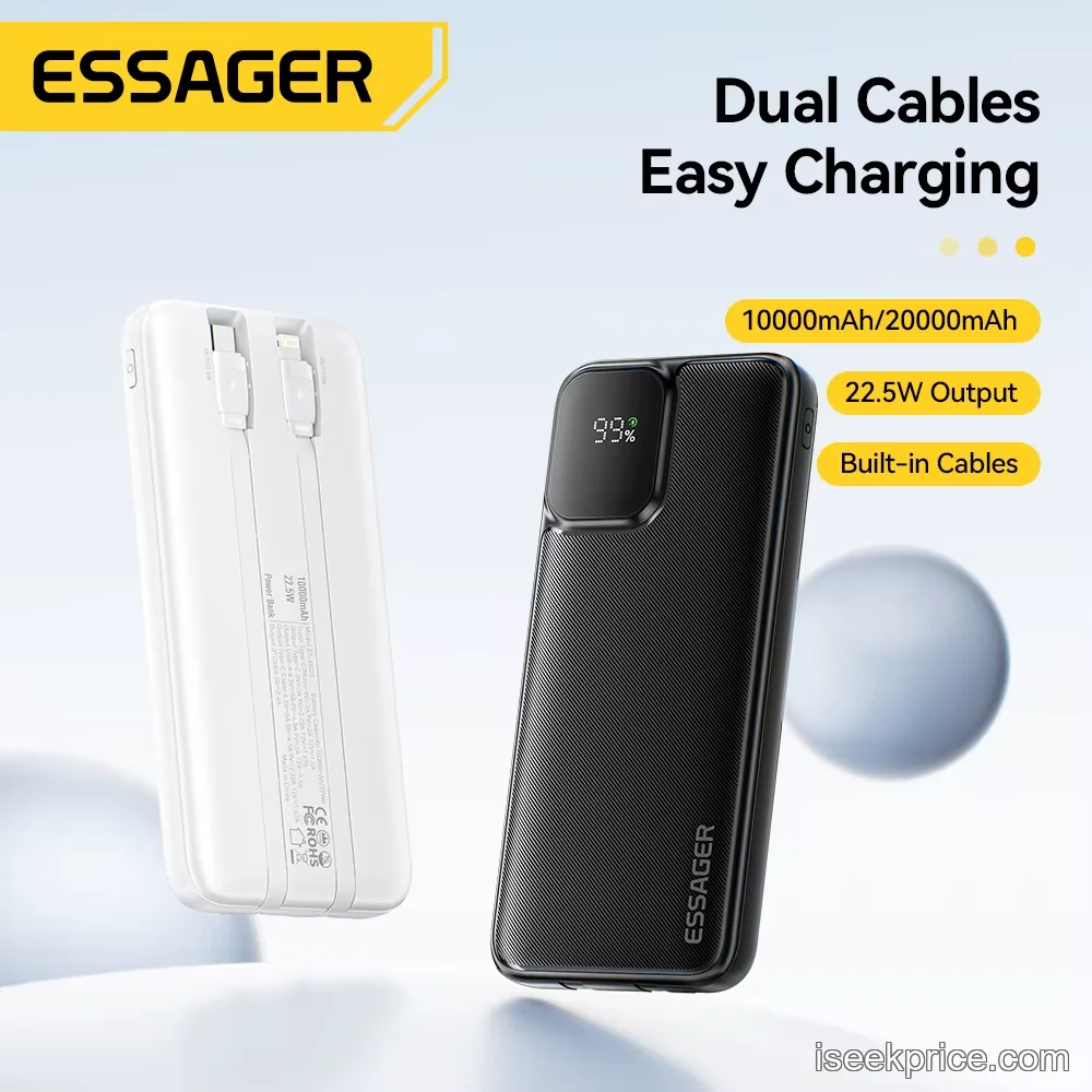 الكابلات المدمجة من نوع USB-C و Lightning مثبتة بأناقة على جانب الشاحن.