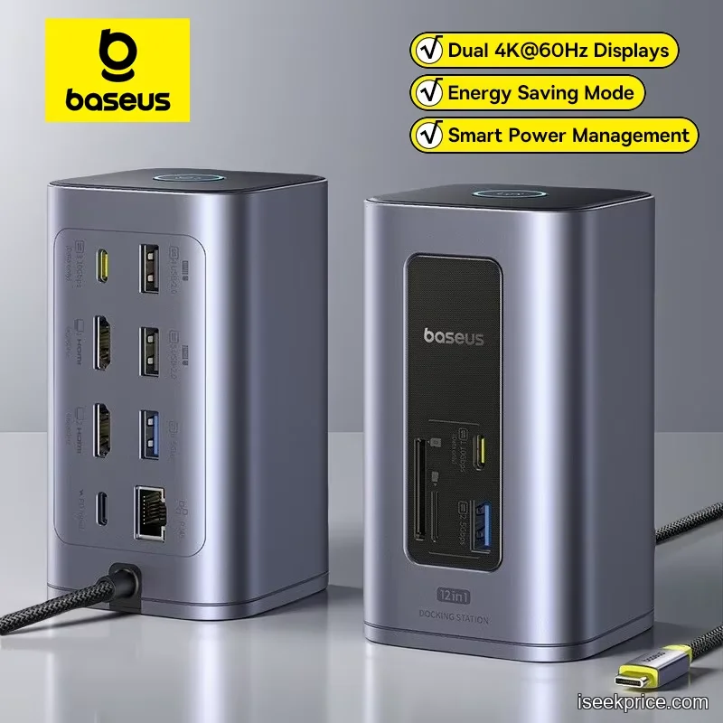 محطة إرساء Baseus 12-in-1: مركزك للإنتاجية بدقة 4K المزدوجة - الرئيسية